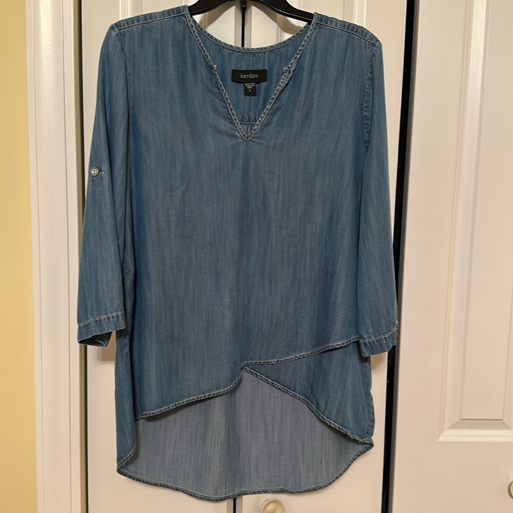 Karen Kane Blue Chambray Tunic Top L Asymmetrical High Low Made in USA - Picture 2 of 6
